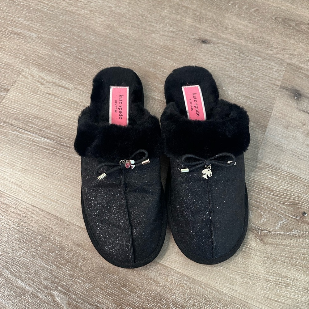 Kate Spade Black Faux-Fur Slip-On Slippers